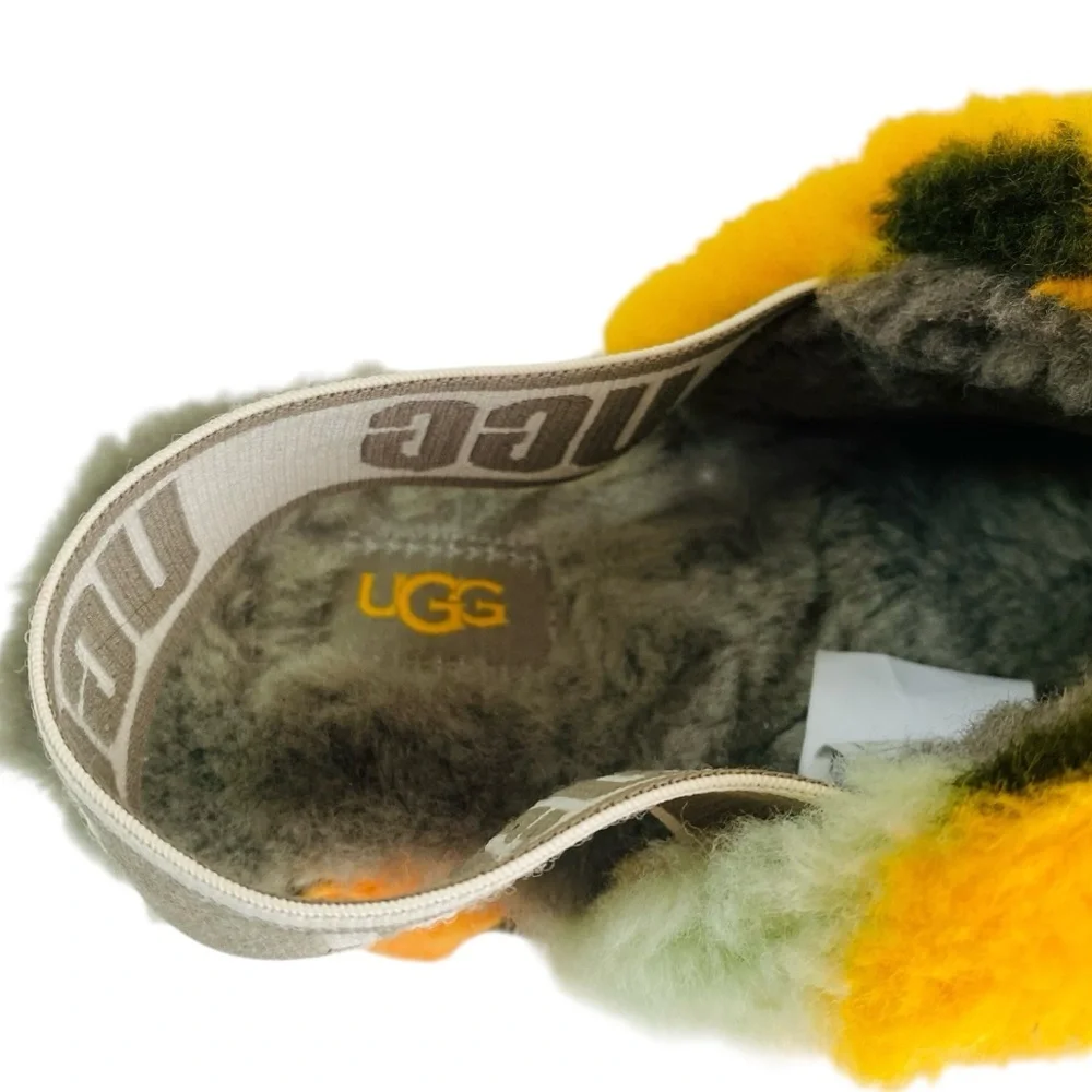 UGG Fluff Yeah Slide Cali Collage Olive Faux Fur Sandals Size 8